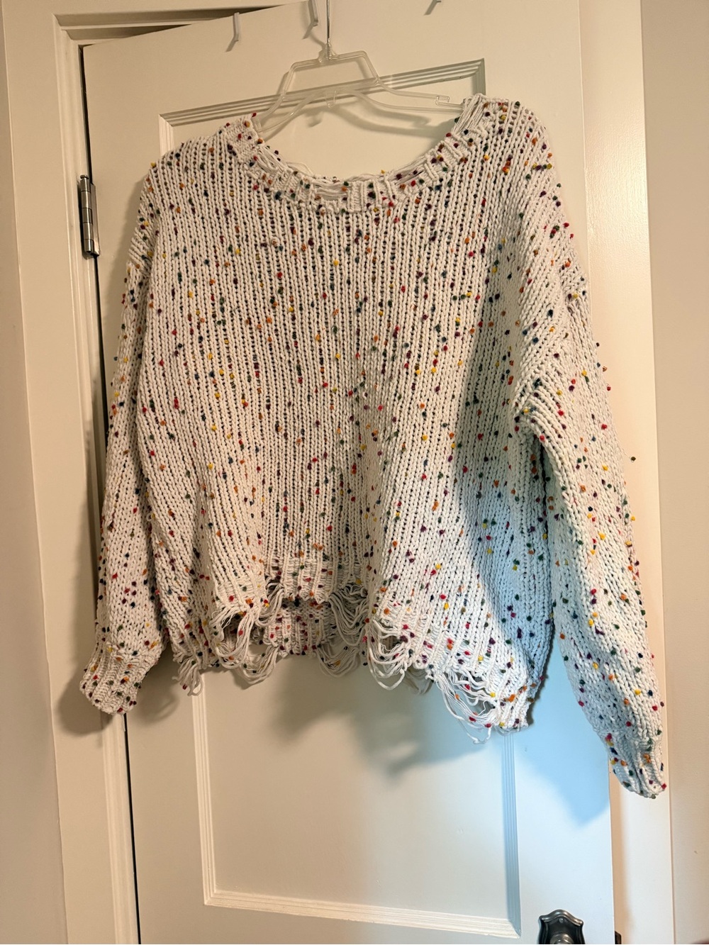Miracle White Multicolor Speckled Distressed Knit Sweater